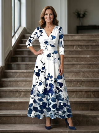 Celeste™ | Vestido Midi Floral con Escote Cruzado y Manga Tres Cuartos