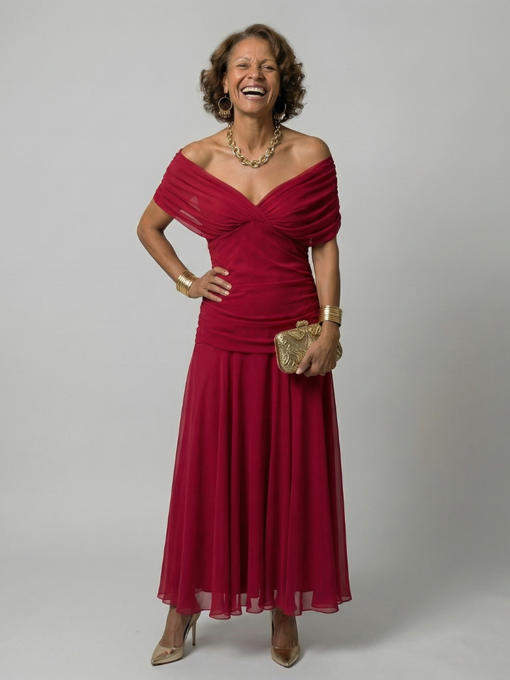 Calena™ | Vestido Midi Off-Shoulder con Escote Drapeado