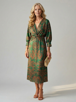 Luna™ | Vestido Midi Cruzado de Manga Larga con Estampado Natural
