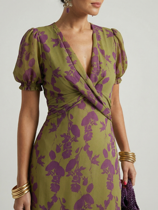 Virena™ | Vestido Midi Floral Cruzado de Manga Corta