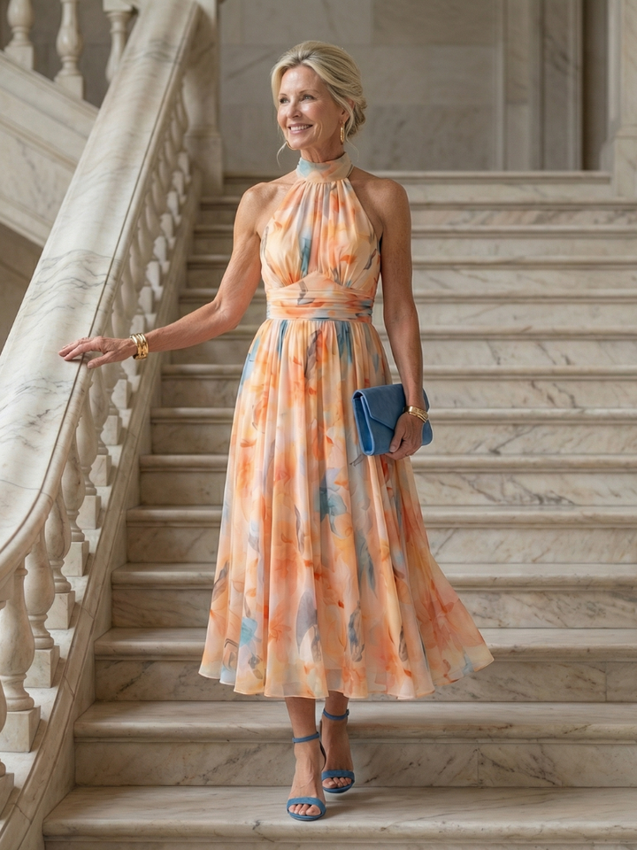 Elina™ | Vestido Midi Halter con Detalle Fruncido