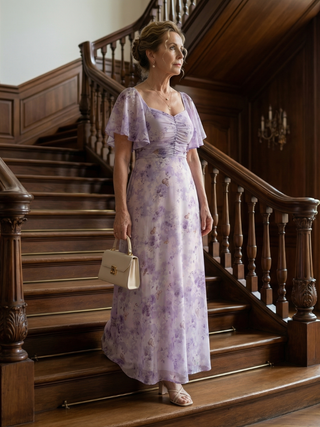 Valentía™ | Vestido Largo Floral con Manga Mariposa y Escote Cuadrado