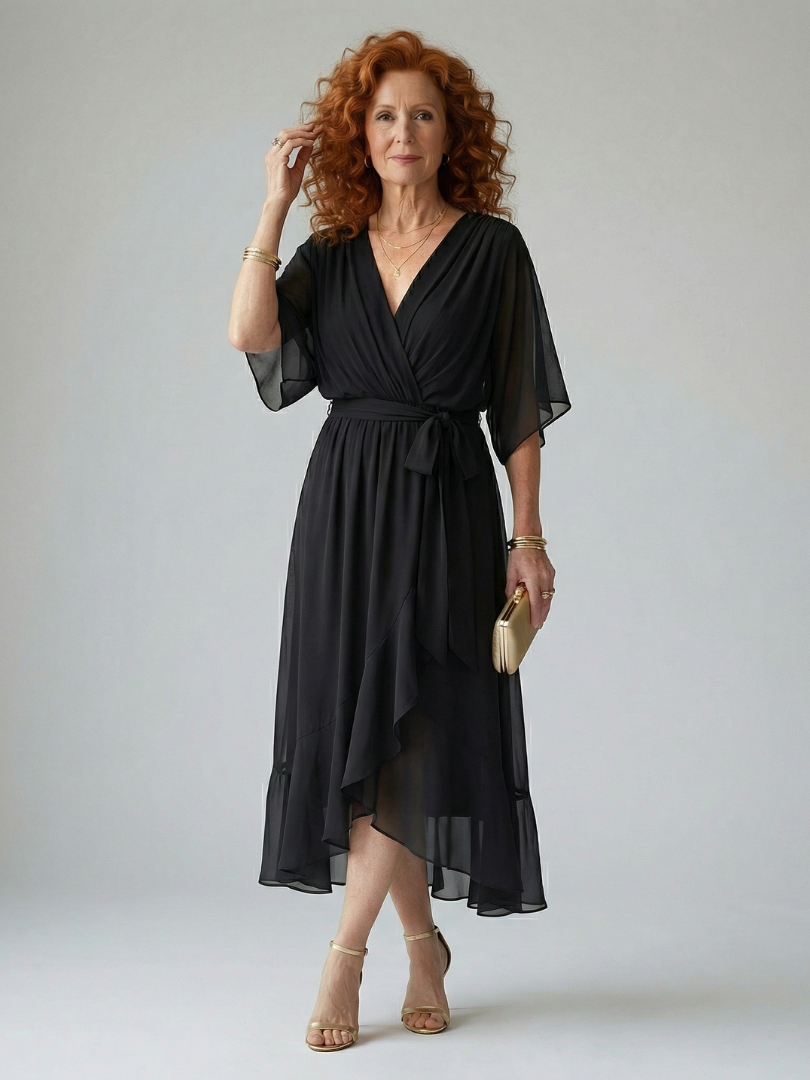 Elvira™ | Vestido Midi Drapeado con Cinturón y Manga Codo