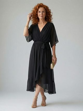 Elvira™ | Vestido Midi Drapeado con Cinturón y Manga Codo