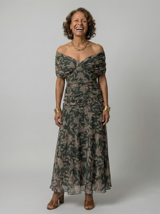 Calena™ | Vestido Midi Off-Shoulder con Escote Drapeado