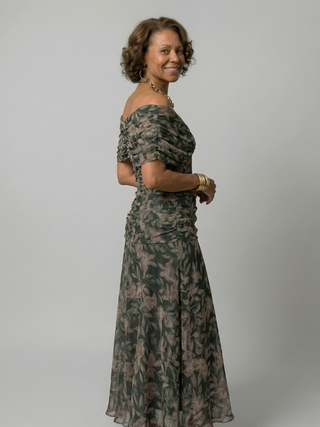 Calena™ | Vestido Midi Off-Shoulder con Escote Drapeado