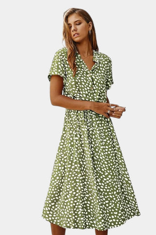 Rovena Vestido Midi de Lunares con Cuello Camisero y Cintura Ajustable