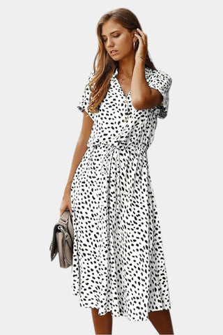 Rovena Vestido Midi de Lunares con Cuello Camisero y Cintura Ajustable