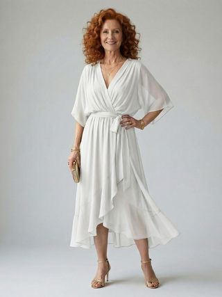 Elvira™ | Vestido Midi Drapeado con Cinturón y Manga Codo