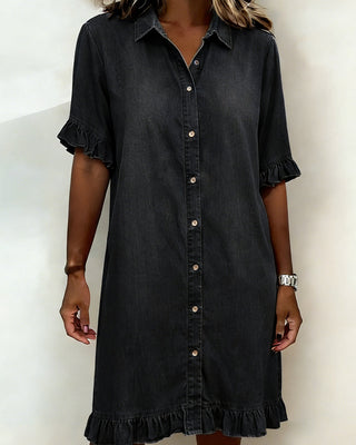 Lucía™ | Vestido Camisero Denim con Volantes