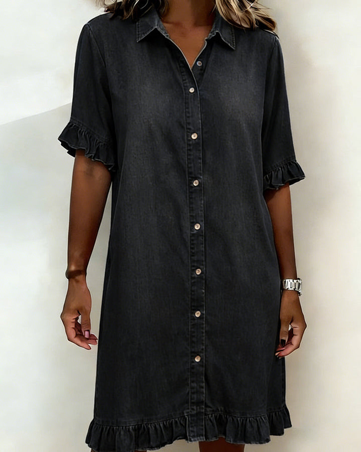 Lucía™ | Vestido Camisero Denim con Volantes