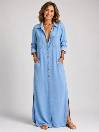 Valeriana™ | Vestido maxi chemise con botonadura y fenda