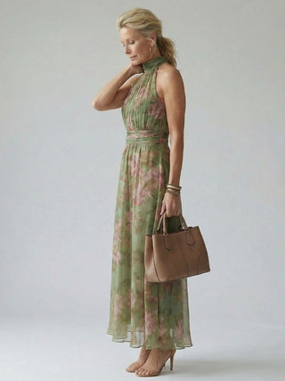 Mirella™ | Vestido Midi Halter Floral con Detalle Fruncido