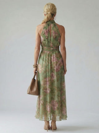 Mirella™ | Vestido Midi Halter Floral con Detalle Fruncido