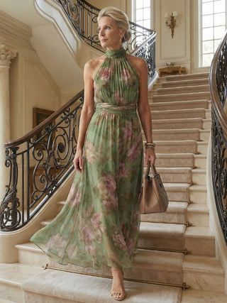 Mirella™ | Vestido Midi Halter Floral con Detalle Fruncido