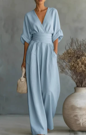 Rosalía™ | Mono Ancho de Lino con Escote en V