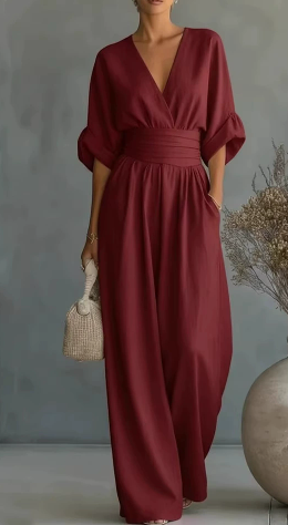 Rosalía™ | Mono Ancho de Lino con Escote en V