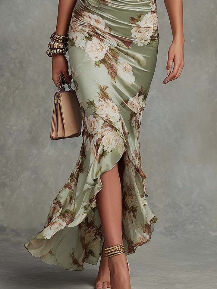 Isabela™ | Vestido Largo Floral en Satén con Escote en V y Manga Volante