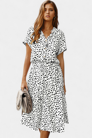 Rovena Vestido Midi de Lunares con Cuello Camisero y Cintura Ajustable