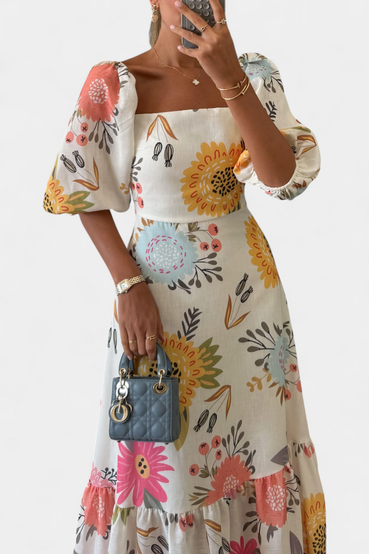 Kacey Vestido Midi de Algodón con Estampado Floral y Manga Abullonada
