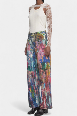 Rana Pantalones Vaqueros de Pierna Ancha con Estampado Artístico